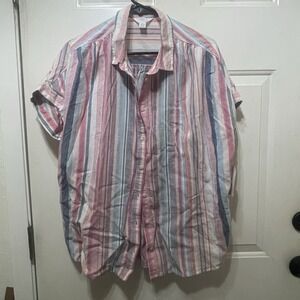 Time and Tru Button Front Blouse Womens Large Striped Linen Lyocell Short Sleeve